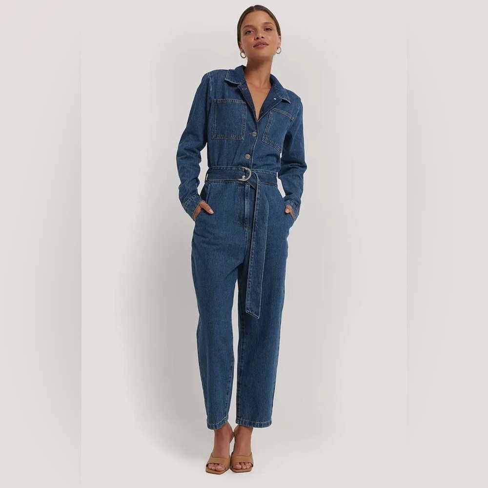 NA-KD Denim Utility Jumpsuit Sz 38